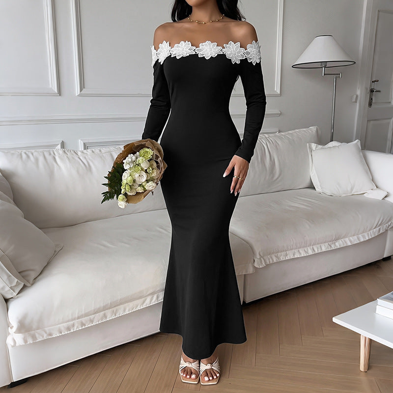 Damen Elegantes Off-Shoulder Maxikleid mit Spitzeneinsätzen Drune