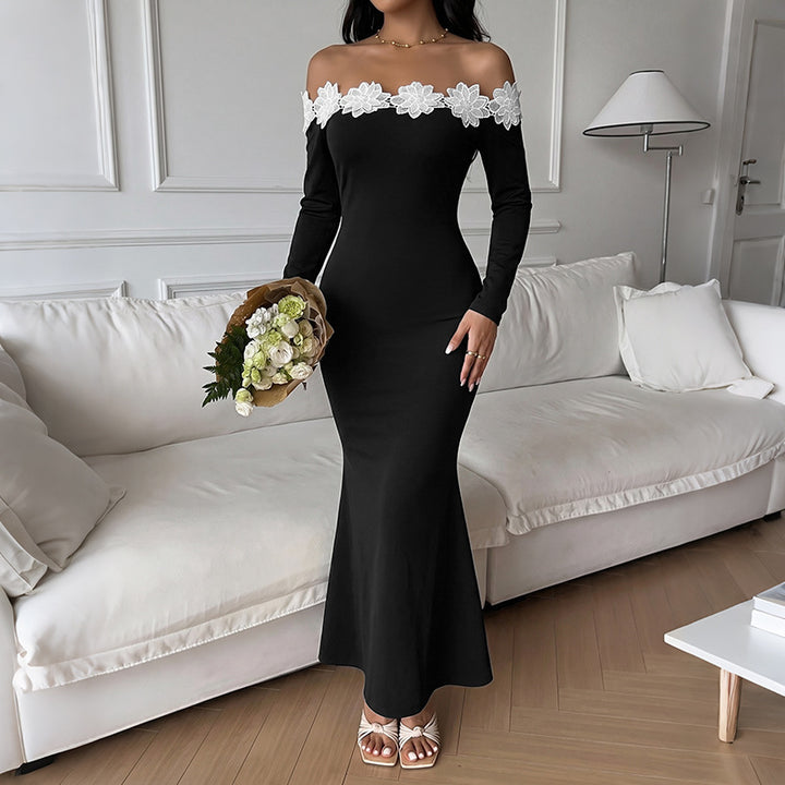 Damen Elegantes Off-Shoulder Maxikleid mit Spitzeneinsätzen Drune