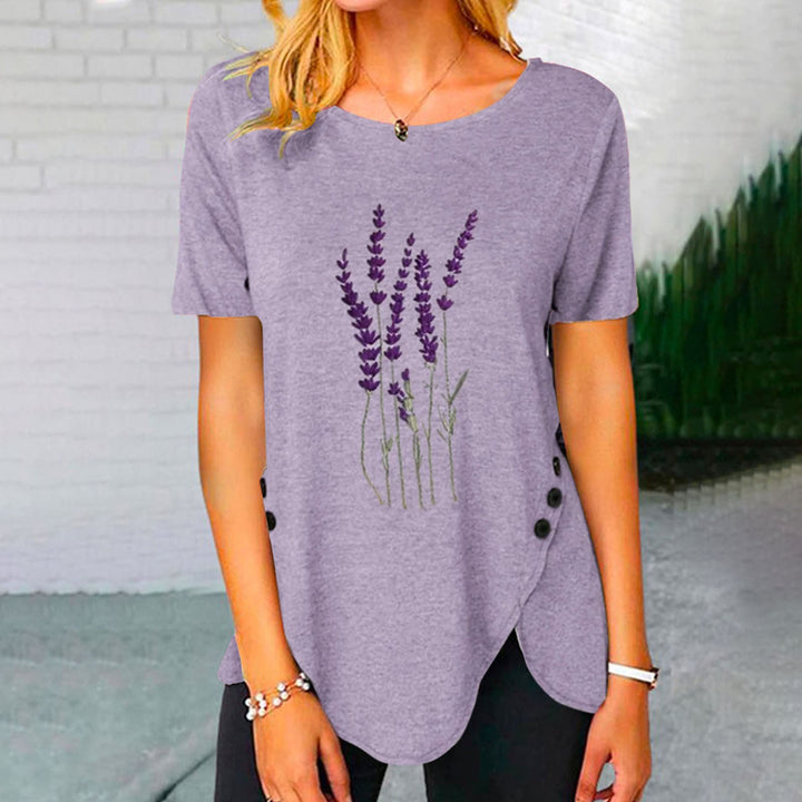 Damen lässiges T-Shirt mit dekorativem Floraldesign und asymmetrischem Saum Drune