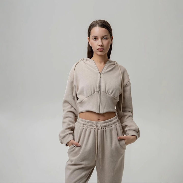 Damen nan zweiteiliges Cropped Hoodie-Set mit weitem Bundhose-Schnitt und tailliertem Reißverschluss Drune
