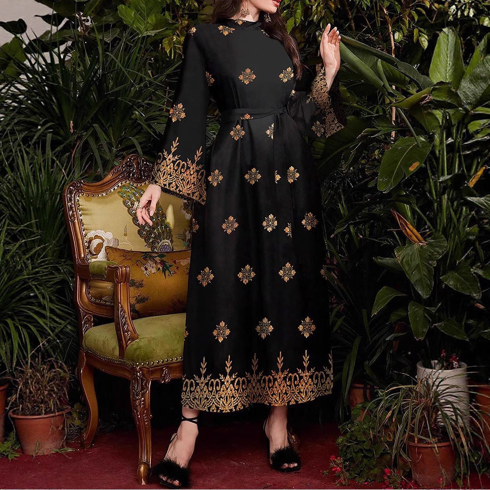 Damen festliches Abendkleid mit elegantem Gold- und Blumenmuster Drune