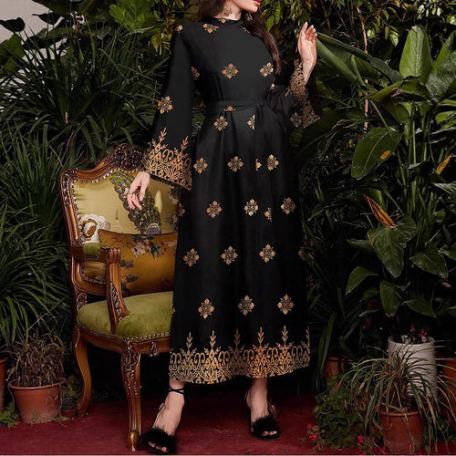 Damen festliches Abendkleid mit elegantem Gold- und Blumenmuster Drune