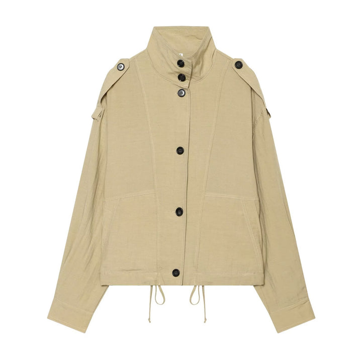 Damen Oversize Cropped Utility‑Jacke mit hohem Stehkragen, Schulterklappen und Tunnelzug Drune