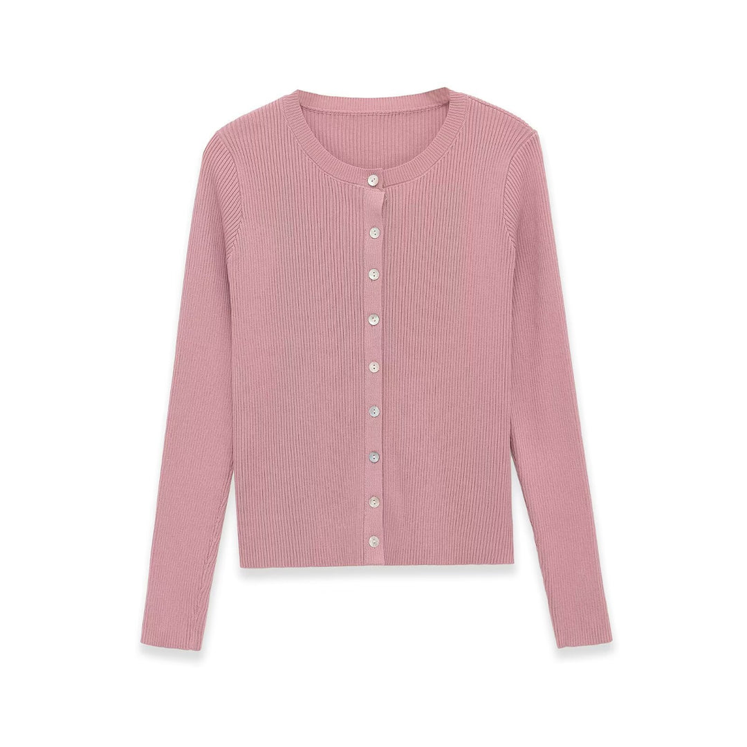 Damen Feinripp-Feinstrick-Cardigan mit durchgehender Knopfleiste und Rundhalsausschnitt Drune