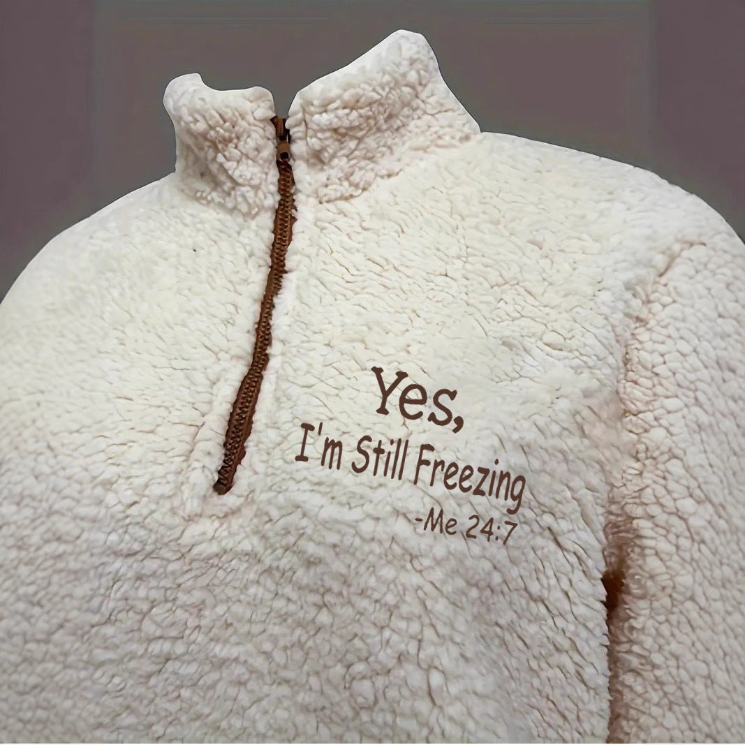 Damen kuscheliger Fleece-Pullover mit kurzem Reißverschluss und originellem Schriftzug Drune