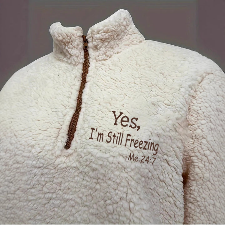 Damen kuscheliger Fleece-Pullover mit kurzem Reißverschluss und originellem Schriftzug Drune