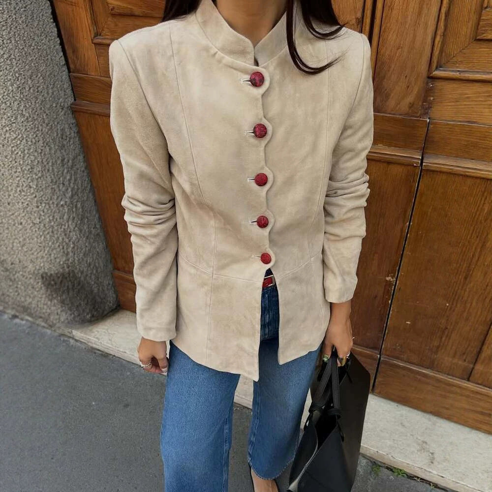 Damen Taillierter Wildleder-Blazer mit Stehkragen und Zierknöpfen Drune