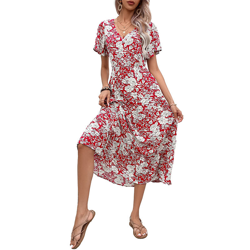 Damen Midikleid im romantischen Floralprint mit V-Ausschnitt und lockerer Passform Drune