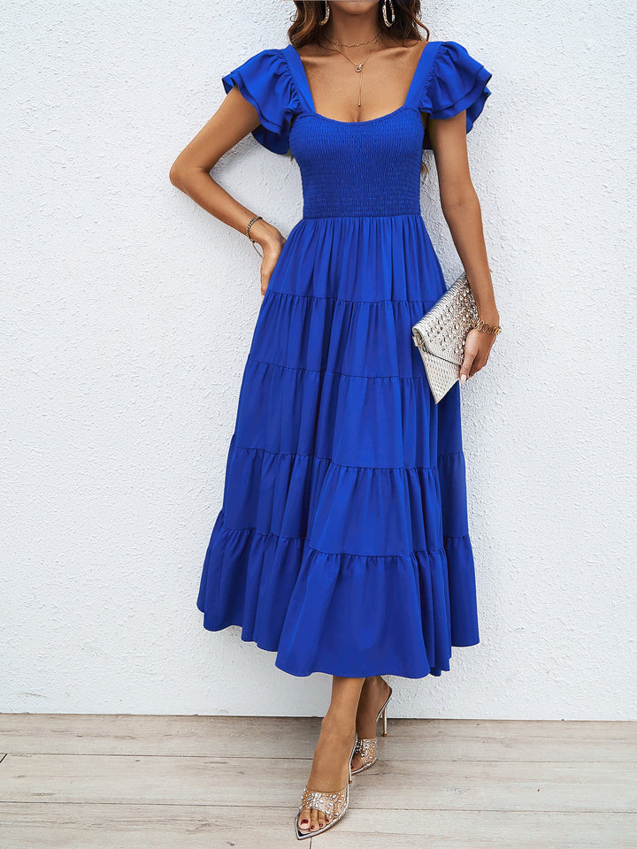 Damen Maxikleid mit voluminösen Rüschendetails und schwingendem Rock Drune