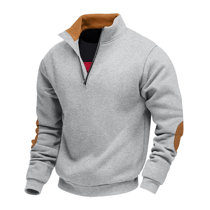 Herren nan Sweatshirt mit Halb-Reißverschluss, Stehkragen und Wildleder-Ellenbogenbesatz Drune