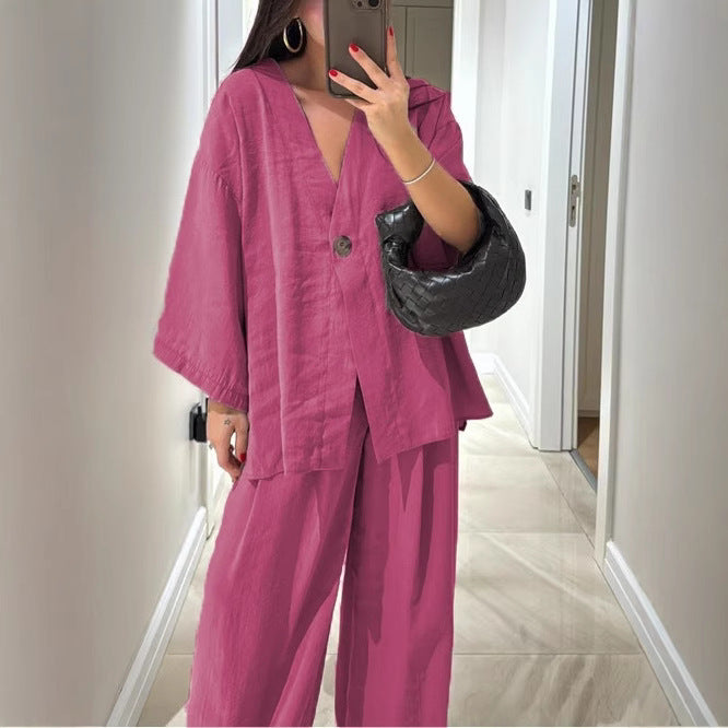 Damen nan lockeres Leinenoptik-Zweiteiler mit Kimono-Blazer und weitem Palazzo-Hose Drune