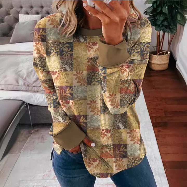 Damen Langarmshirt im Patchwork-Quilt-Design mit weichem Rundhalsausschnitt und kontrastierenden Bündchen Drune