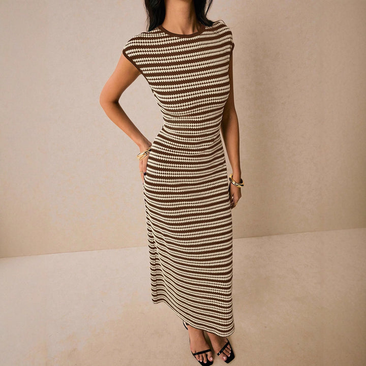 Damen Figurbetontes geripptes Midikleid mit kurzen Cap-Ärmeln und Rautenstreifen Drune