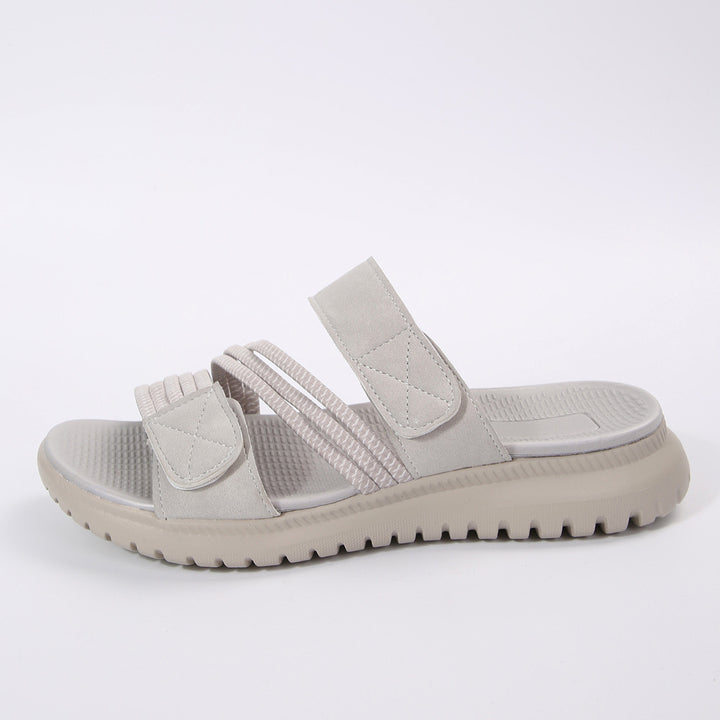 Damen Komfort-Pantolette mit verstellbaren Klettriemen, elastischen Zierbändern und stoßdämpfender Profilsohle Drune