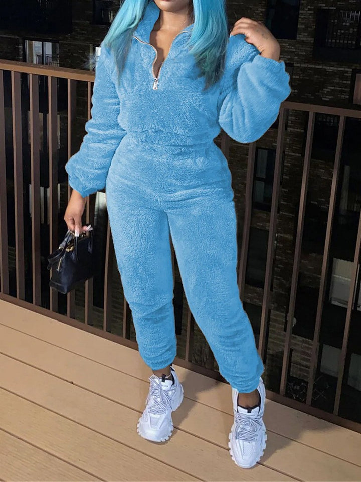 Damen nan kuscheliges Teddy-Fleece Zweiteiler mit Halbreißverschluss und High-Waist Jogginghose Drune