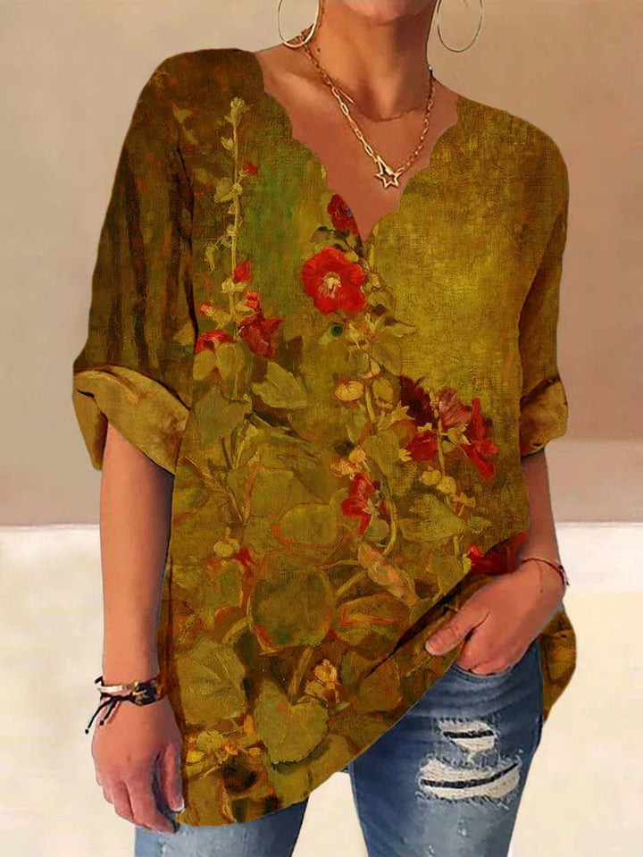 Damen Lockere Bluse mit Welligem V-Ausschnitt und Aquarell Floral Print Drune