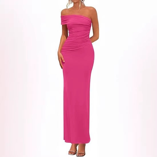 Damen Elegantes Maxi-Kleid mit schulterfreiem Design und raffinierten Drapierungen Drune