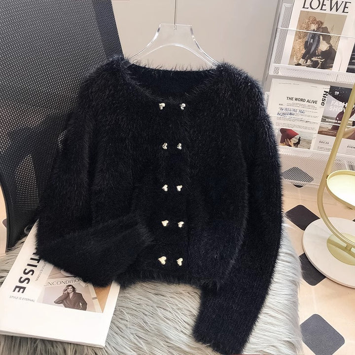 Damen Fluffy Cardigan mit Herzknöpfen Drune