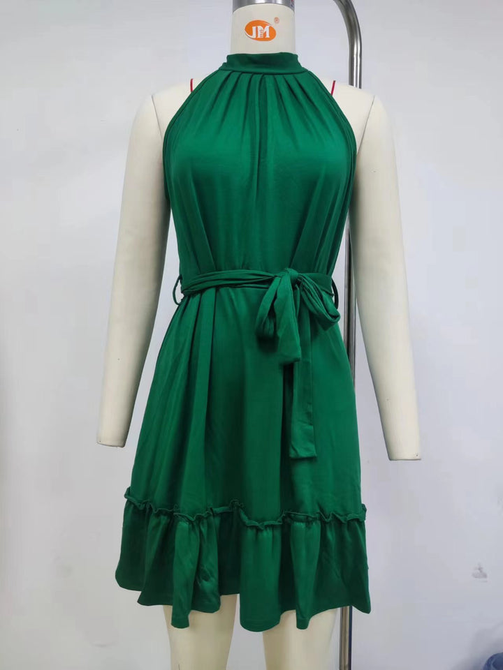 Damen elegantes ärmelloses Kleid mit geschlossenen Rüschen und Taillengürtel Drune
