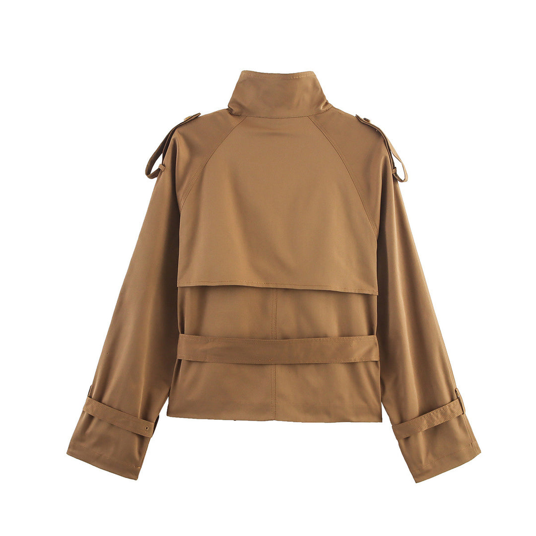 Damen Kurzer Doppelreiher Trench‑Blouson mit hohem Stehkragen, Schulterriegeln und Taillengürtel Drune