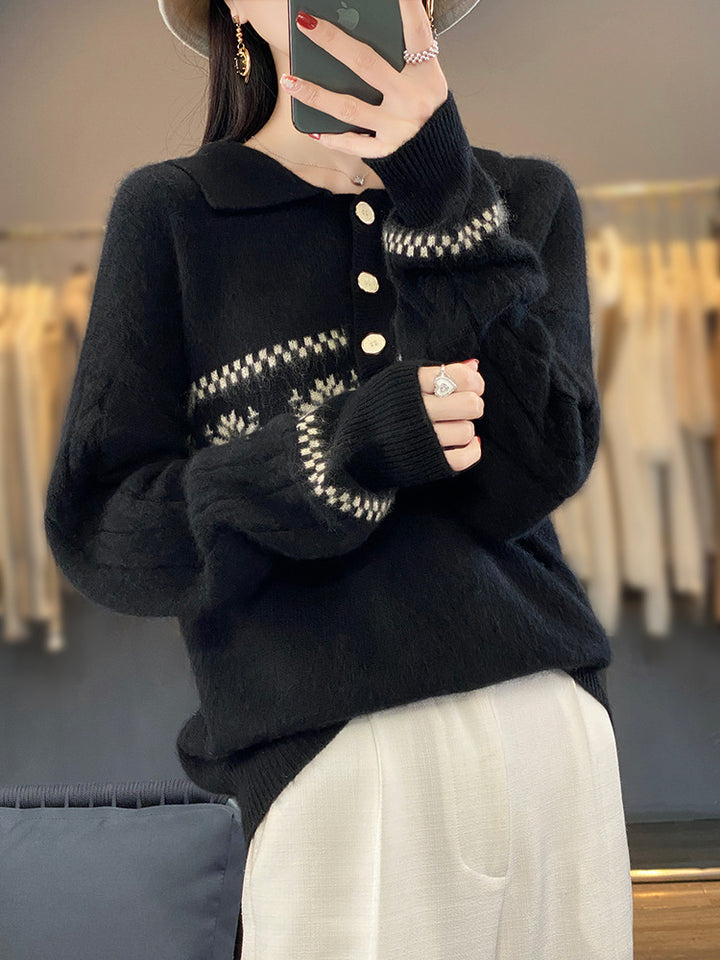 Damen Oversize-Polokragen-Strickpullover mit Norweger‑Motiv und Raglanärmeln Drune