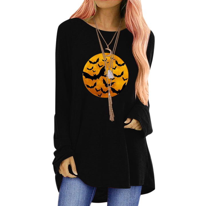 Damen Rundhalsshirt mit künstlerischem Halloween-Motiv und bequemer Passform Drune