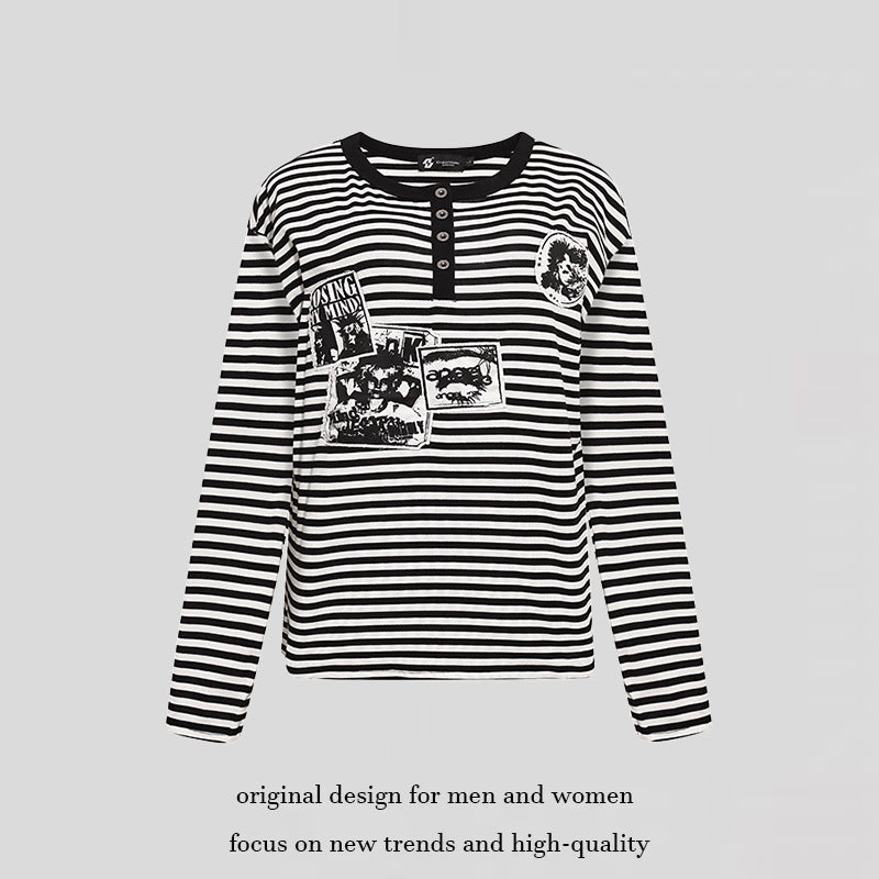 Damen Gestreiftes Langarm-Henleyshirt mit Knopfleiste und Grafikpatches Drune