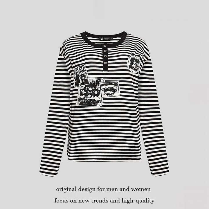 Damen Gestreiftes Langarm-Henleyshirt mit Knopfleiste und Grafikpatches Drune