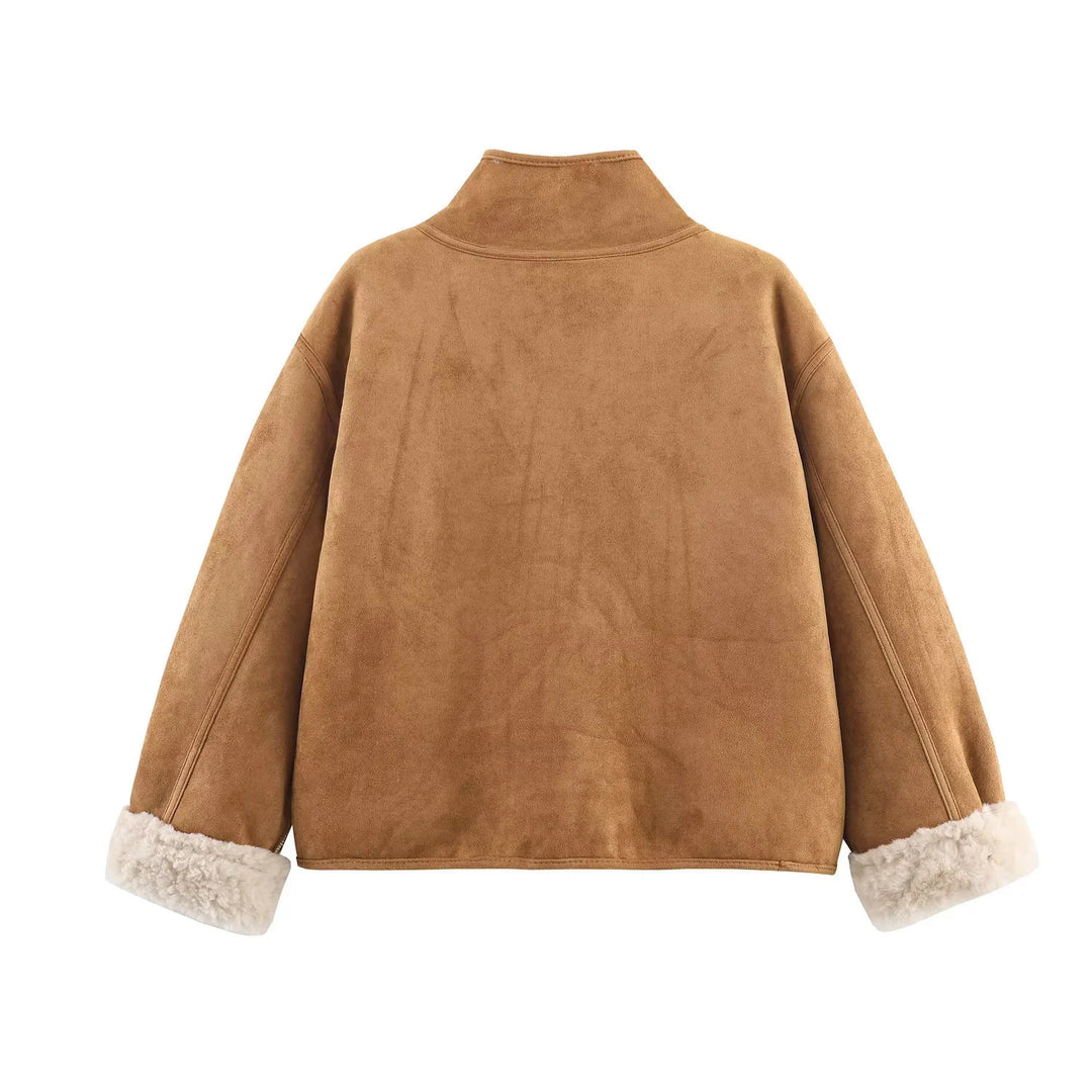 Damen nan kurze Oversize Lammfelloptik Jacke mit Schalkragen und großen aufgesetzten Taschen Drune
