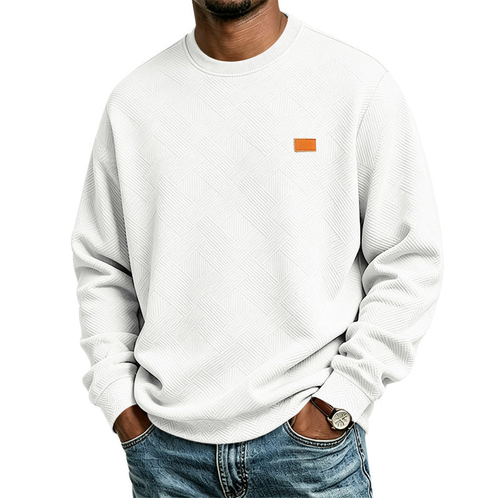 Unisex Texturierter Baumwoll-Crewneck-Sweatshirt mit Rautenstruktur und Lederpatch Drune