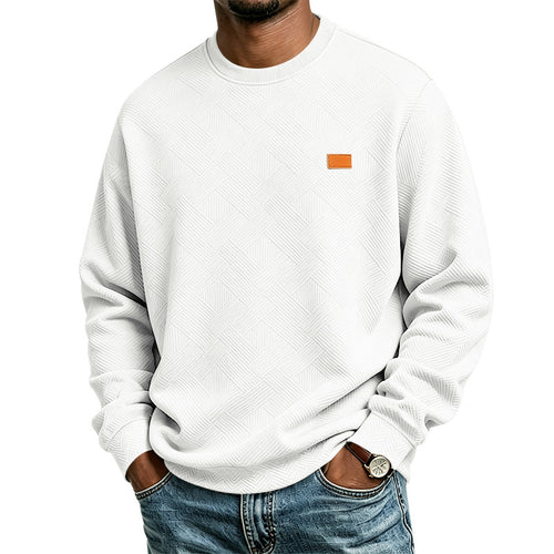 Unisex Texturierter Baumwoll-Crewneck-Sweatshirt mit Rautenstruktur und Lederpatch Drune