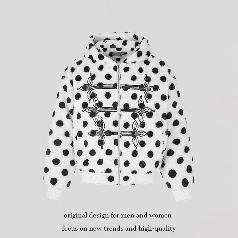 Damen Kapuzen-Fleecejacke im Bomberstil mit Polka‑Dot und dekorativen Froschknopf-Details Drune
