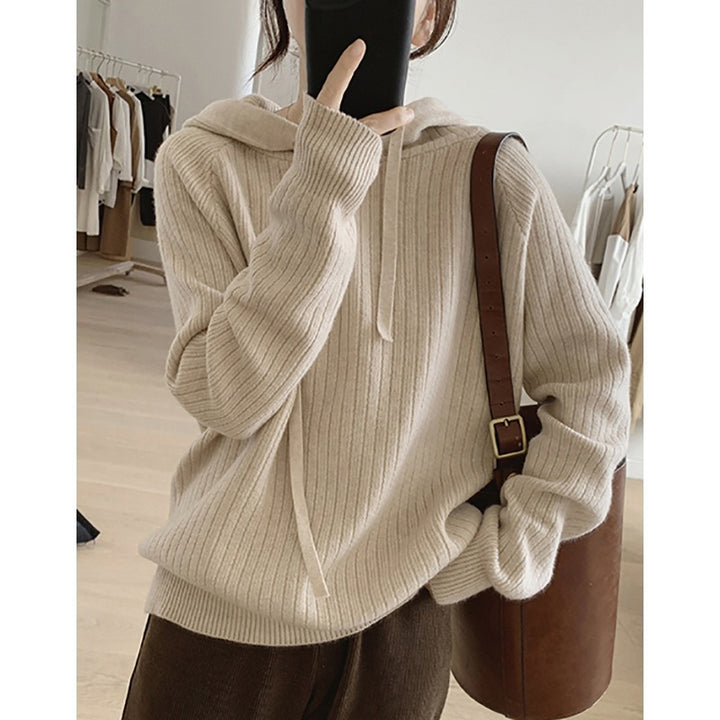 Damen lässiger Strickpullover mit Kapuze und feinem Rippenmuster Drune