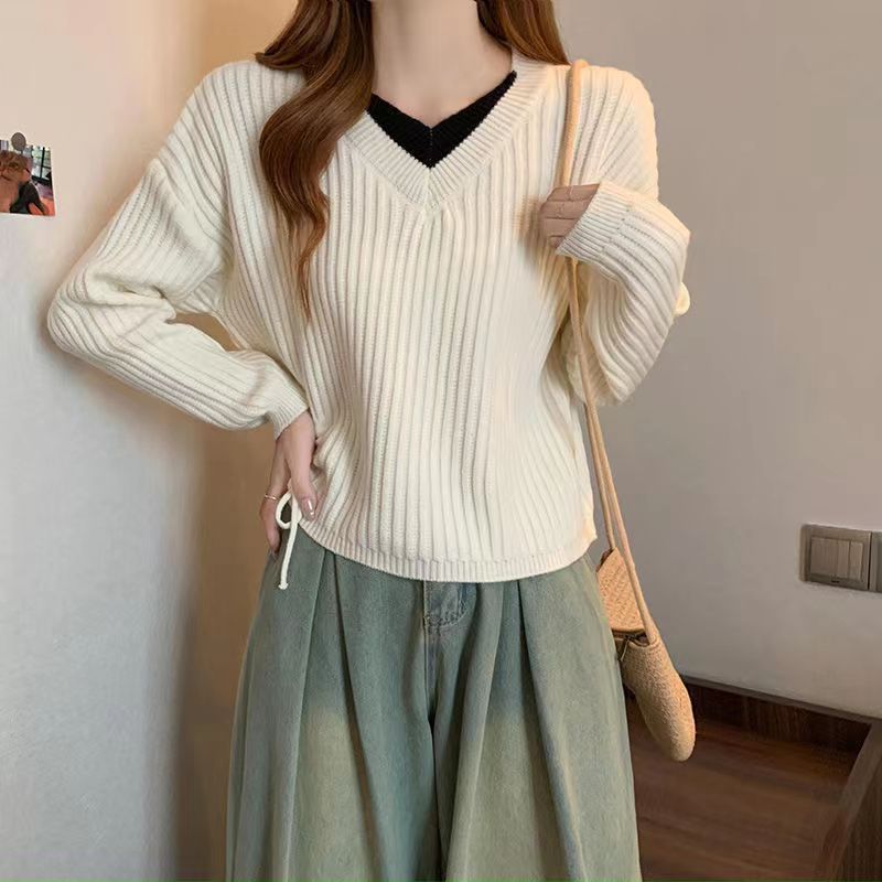Damen lässiger V-Ausschnitt Pullover mit Rippstruktur und modischen Seitenschnüren Drune