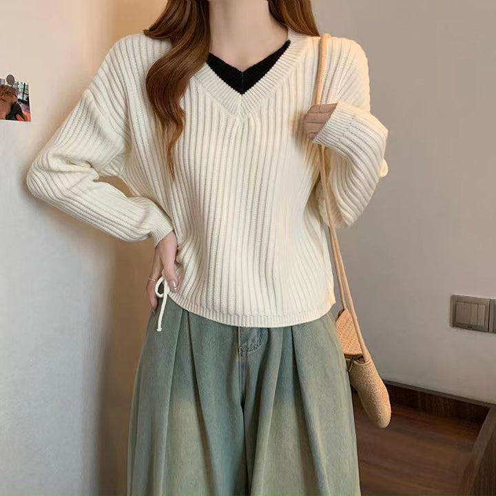 Damen lässiger V-Ausschnitt Pullover mit Rippstruktur und modischen Seitenschnüren Drune