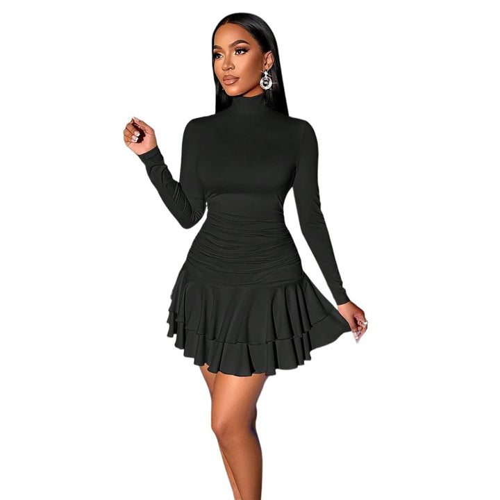 Damen figurbetontes Kleid mit hohem Kragen und Rüschenabschluss Drune