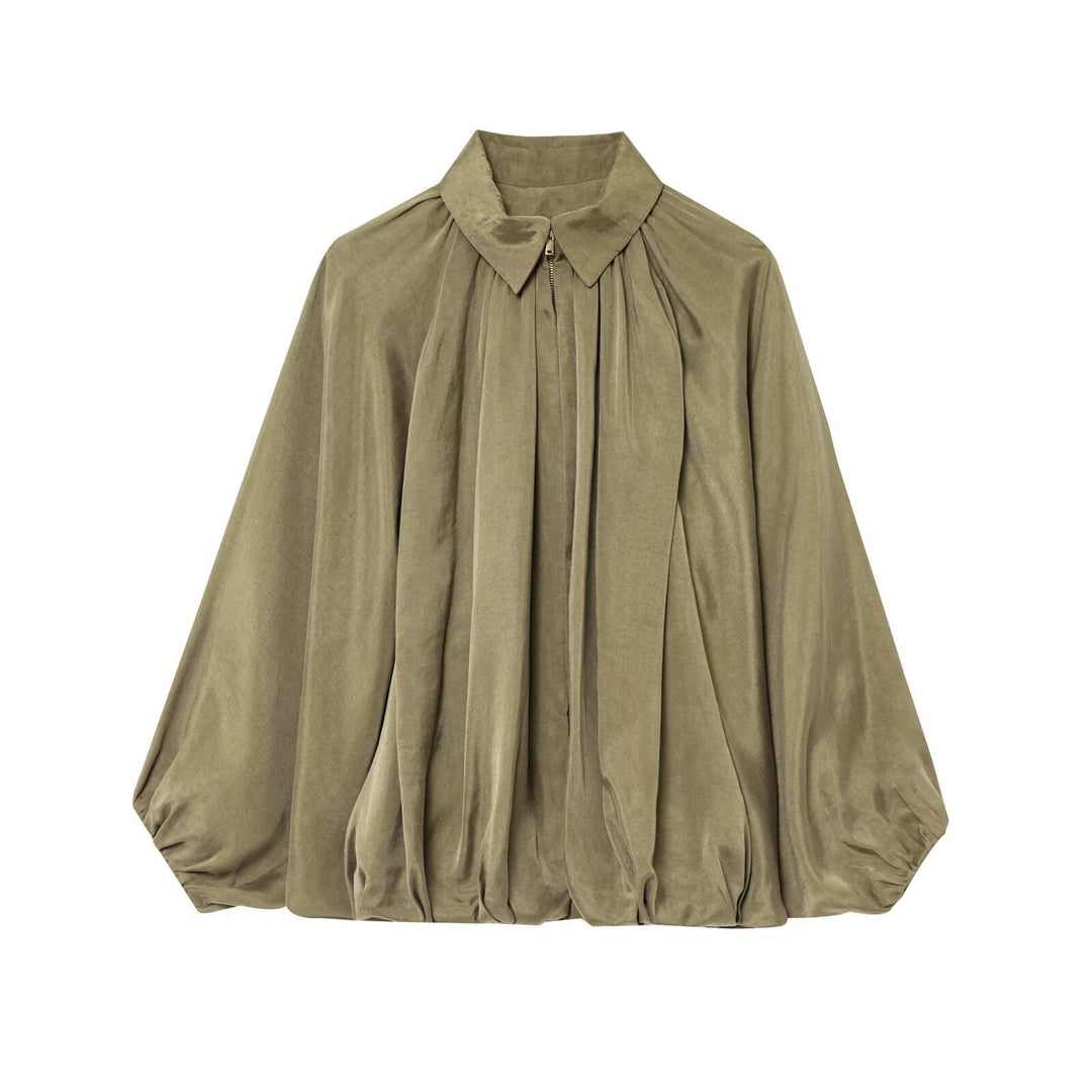 Damen nan weit geschnittene Cape-Bluse mit durchgehendem Reißverschluss, balloniertem Saum und gerafften Ärmeln Drune