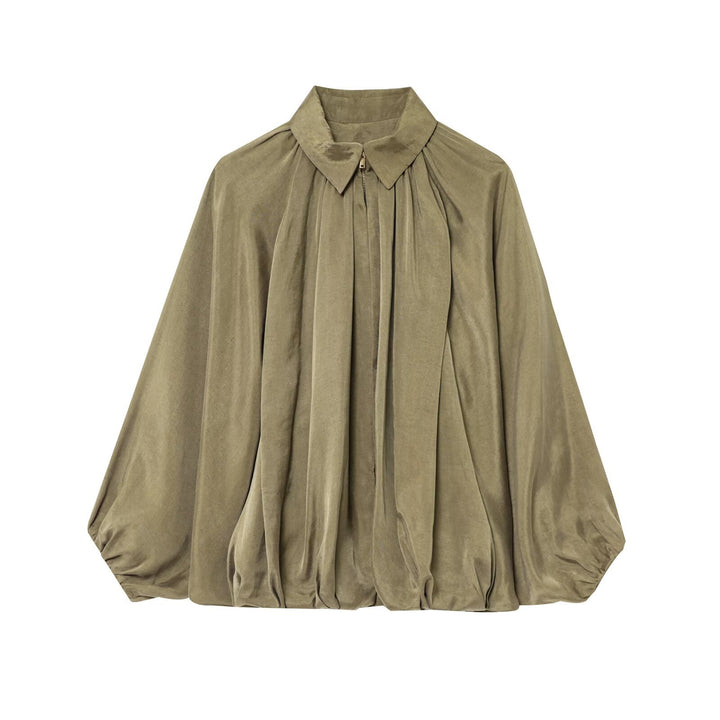 Damen nan weit geschnittene Cape-Bluse mit durchgehendem Reißverschluss, balloniertem Saum und gerafften Ärmeln Drune