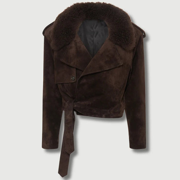 Damen Modische Wildlederjacke mit kuscheligem Kragen Drune