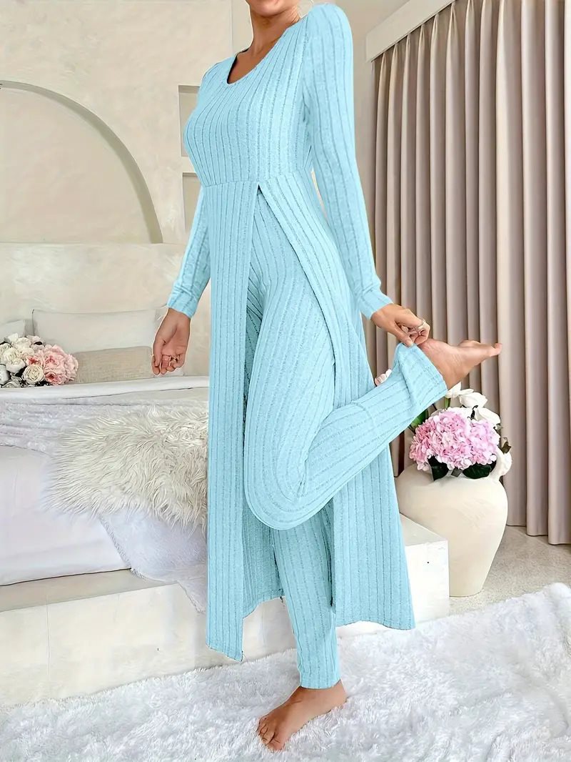 Damen eleganter und modischer Jumpsuit mit seitlichen Schlitzen und langen Ärmeln Drune