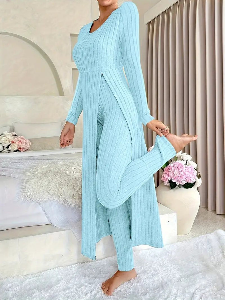 Damen eleganter und modischer Jumpsuit mit seitlichen Schlitzen und langen Ärmeln Drune