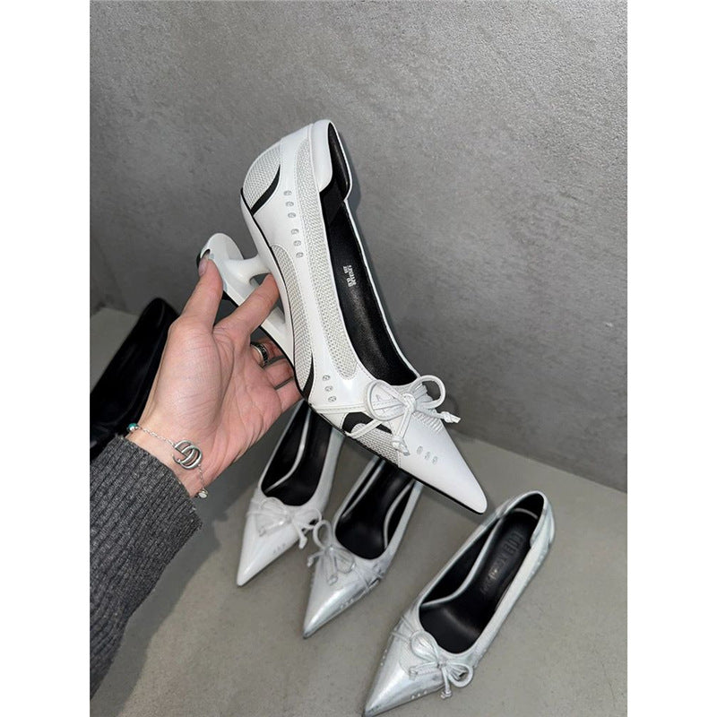 Damen Spitz zulaufende Mesh-Metallic-Pumps mit sculpted Kitten-Absatz und Schleifenriemen Drune