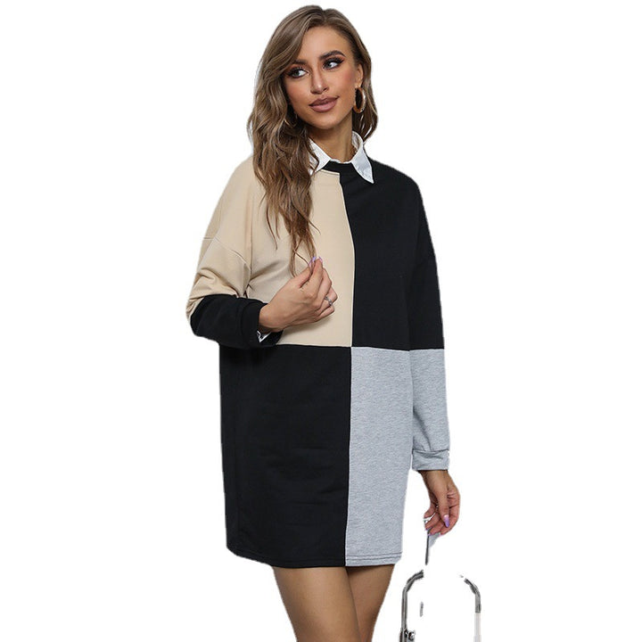 Damen Colorblock-Sweatkleid mit Hemdblusenkragen und lockerer Mini-Silhouette Drune