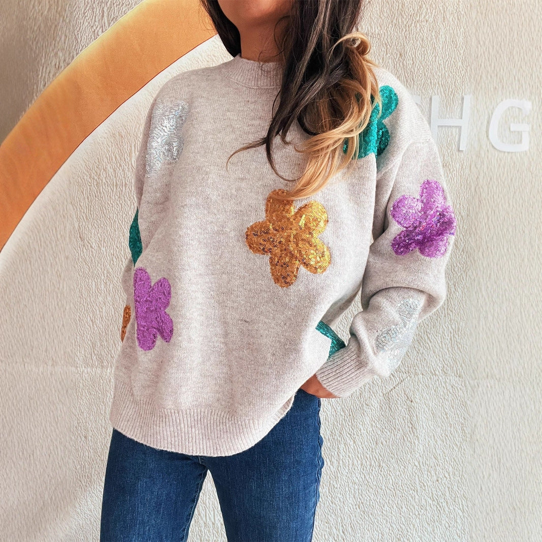 Damen Pullover mit bunten Paillettenblumen Drune