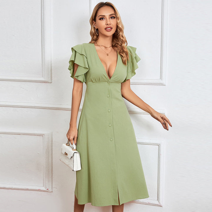 Damen elegantes Midikleid mit Rüschendetails und Knopfleiste Drune