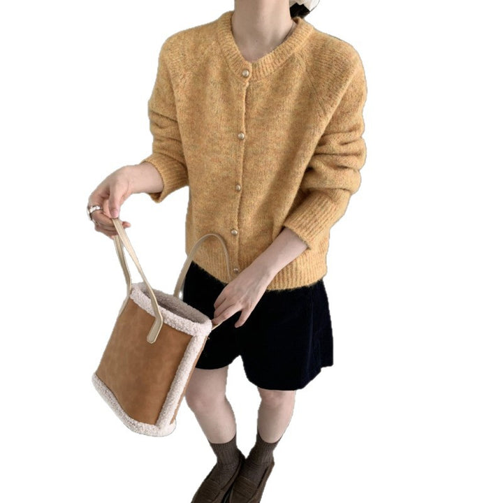 Damen Flauschiger Strickcardigan mit komfortablem Rundhalsausschnitt und echten Knöpfen Drune