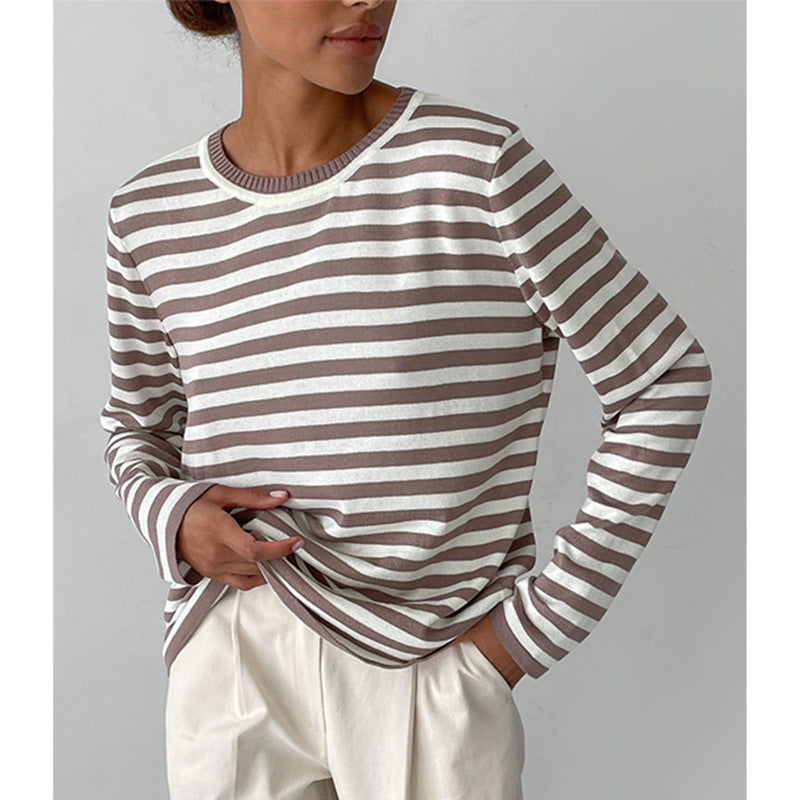 Damen gestreifter Langarm-Sweater mit Rundhalsausschnitt und weitem Schnitt Drune