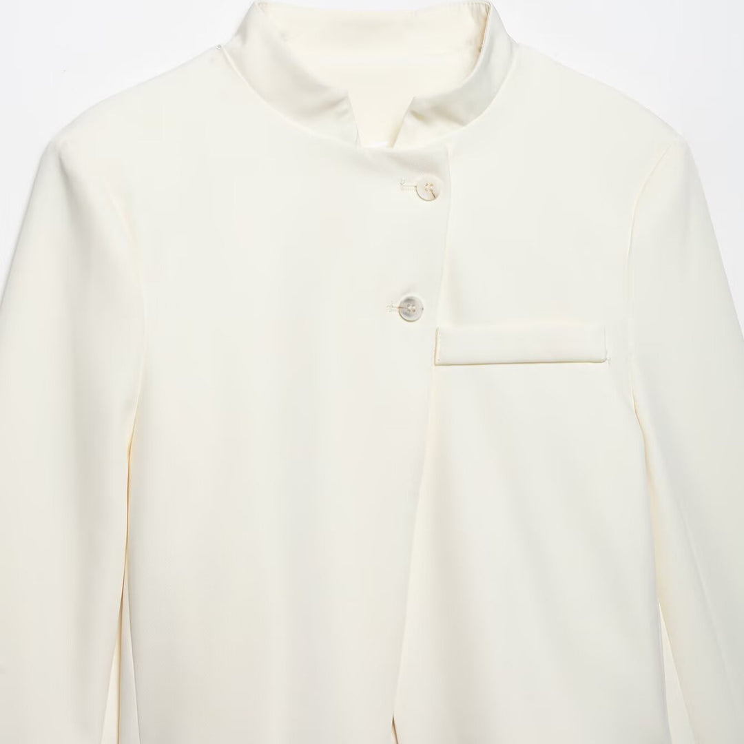 Damen Kurzer taillierter Blazer mit Stehkragen und asymmetrischer Knopfleiste Drune
