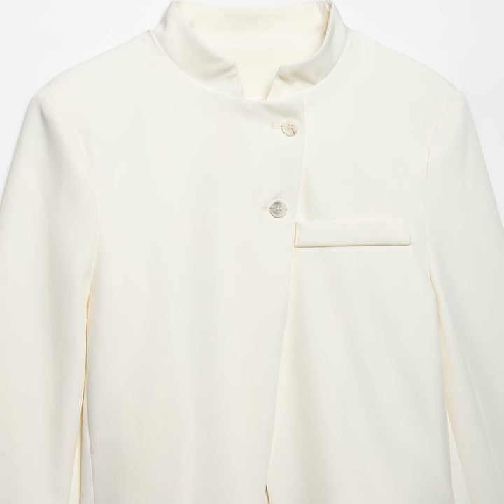 Damen Kurzer taillierter Blazer mit Stehkragen und asymmetrischer Knopfleiste Drune