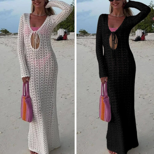 Damen Elegantes gehäkeltes Strandkleid mit tiefem V-Ausschnitt und luftiger Struktur Drune